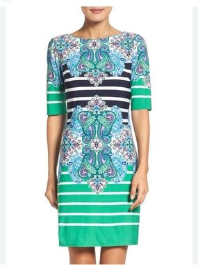 😸Eliza J Green Geometric Paisley Sheath Dress Boat Neck Half Sleeve